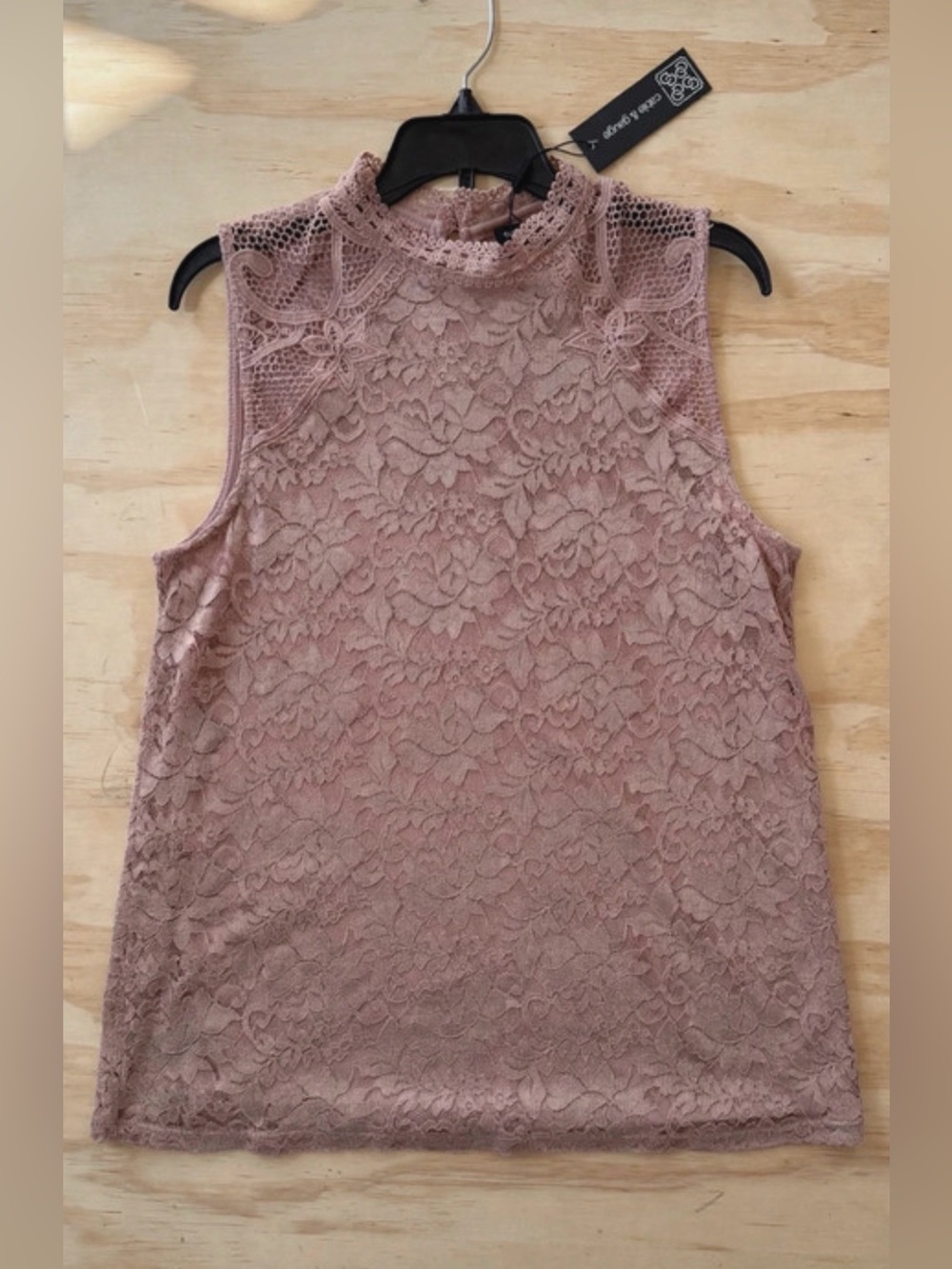 Cable & Gauge Dusty Rose Lace Mock Neck Sleeveless Top